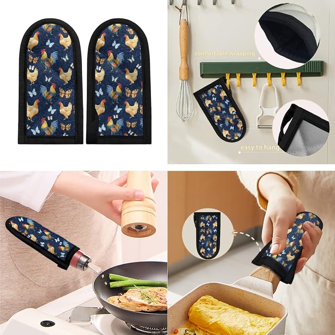 Coldinair 2PCs Chicken Butterfly Navy Hot Handle Holders Pan Handle Sleeves Heat Resistant Pan Handle Covers for Kitchen Cooking Baking,Washable