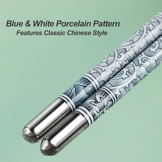 10 Pairs Stainless Steel Chopsticks Dishwasher Safe - 22.4cm/8.82'' Reusable Metal Non-slip Chopstick, Blue & White Pattern Chinese Style Chop Sticks