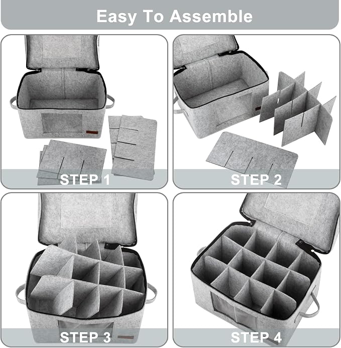 Foyego 2 Pack Wine Glass Storage Box with Dividers, Stemware Storage Containers for Packing and Moving, China Storage Containers Box for 12 Crystal Glassware, Wine Glasses, Drinkware,Light Gray
