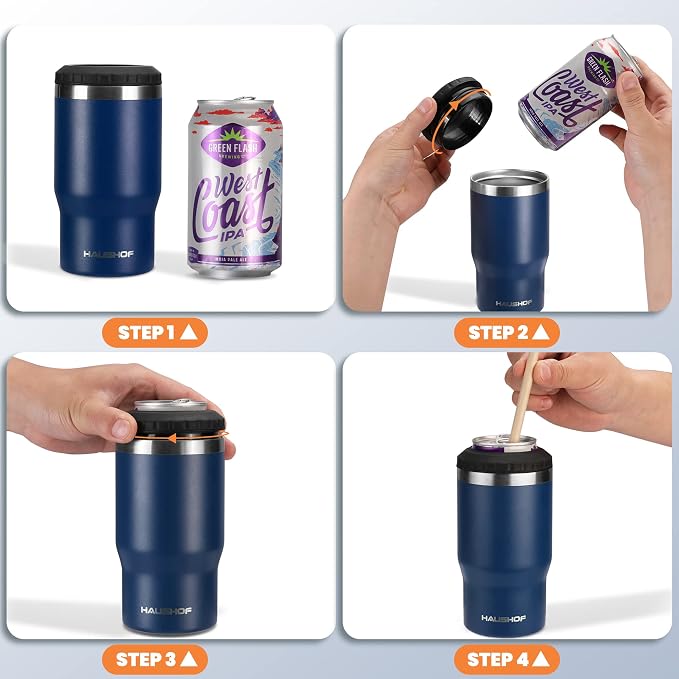 HAUSHOF 4-in-1 Insulated Can Cooler Fits 12oz Cans & Beer Bottle, Navy Blue | Double-Wall Vacuum Insulated, 18/8 Stainless Steel, BPA-Free Lid, Slim Can Cooler for Camping, Beach & Picnic