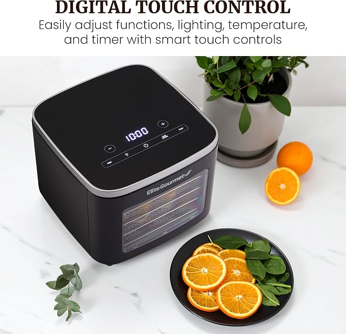 Elite Gourmet 5-Tray Digital Food Dehydrator with Stainless Steel | Adjustable Temp & Timer, Keep Warm, Light, Black, EFD809D
