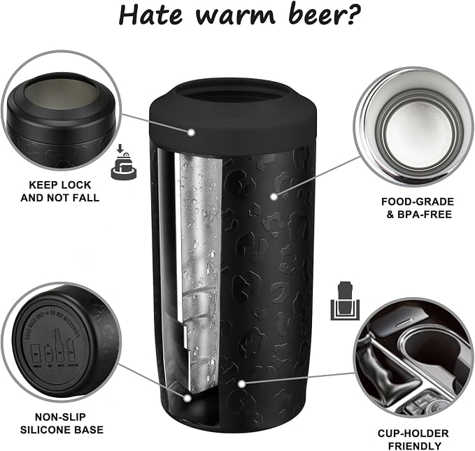 Itslife 4-in-1 Slim Can Cooler Easy to Hold Insulated Beer Can Holder Double-walled Stainless Steel for All 12 Oz Cans Gift Fathers Day Gifts for Dad (Black Leopard)
