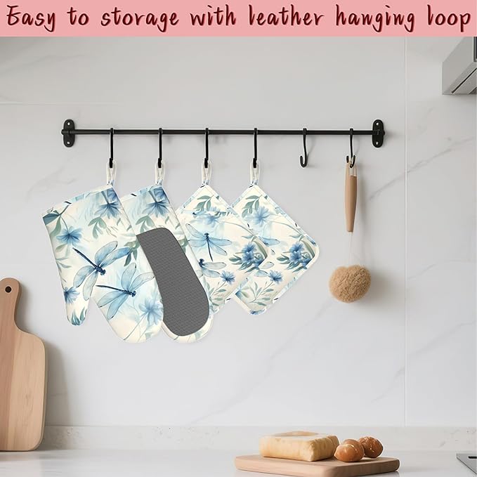 Vintage Dragonfly Silicone Oven Mitts and Pot Holders,Flower Plant Heat-Resistant 4 Piece Kitchen Set Non-Slip Oven Gloves and Hot Pads for Cooking, Baking, Grilling,BBQ