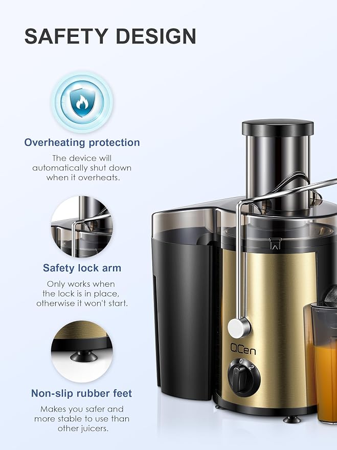 QCen Juicer Machine 500W Centrifugal Juicer with Extra Wide Feed Chute | For Fruits And Vegetables, Stainless Steel, BPA-Free Parts, Easy To Clean, Gold Finish, Compact Countertop Juicer