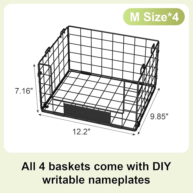 JKsmart 4 Pack XL Stackable Wire Baskets, Pantry Organizers and Storage | Pantry Baskets with Handles and Name Plates, Muti-Purpose for Snack Organizer & Vegetable Basket & Fruit Basket & Snack Rack
