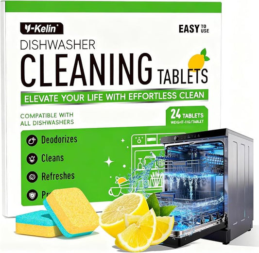 Dishwasher Cleaner and Deodorizer Tablets, Dishwasher Cleaning Tablets 24 Pack - Helps Remove Limescale & Odor, Prevents Buildup in Pipes, Safe for All Dishwashers, Lemon Scent - 12 Month Supply