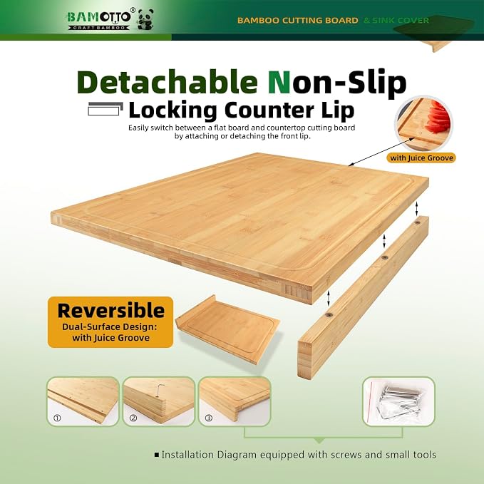 BAMOTTO CRAFTBAMBOO Bamboo Cutting Board for Kitchen 12.6"x17.7" Over-Sink | Detachable Front Lip | Reversible Dual Juice Grooves | Large Chopping Board for Bread Meat Vegetables