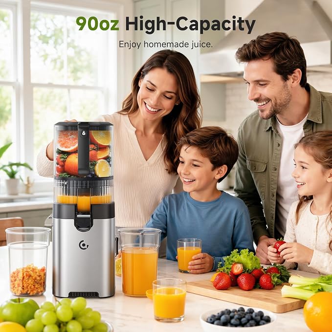 AMZCHEF Cold Press Juicer, 6.5" Whole Fruit Self-Feeding Slow Juicer | 3-in-1 Juicer Machine for Juice, Nut Milk & Sorbet, 90oz Large Capacity, Easy to Clean Design, Triple Strainers, Large Auger
