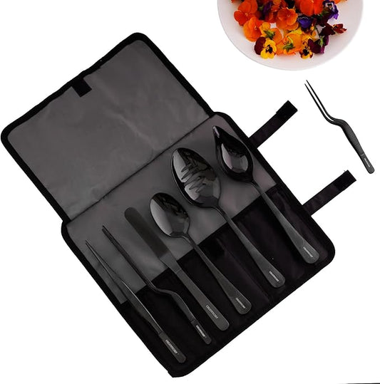 CREATIVECHEF 7 PCS Plating Tools Culinary Set Contains kitchen tweezers spatula Sauce plating spoon（Black）