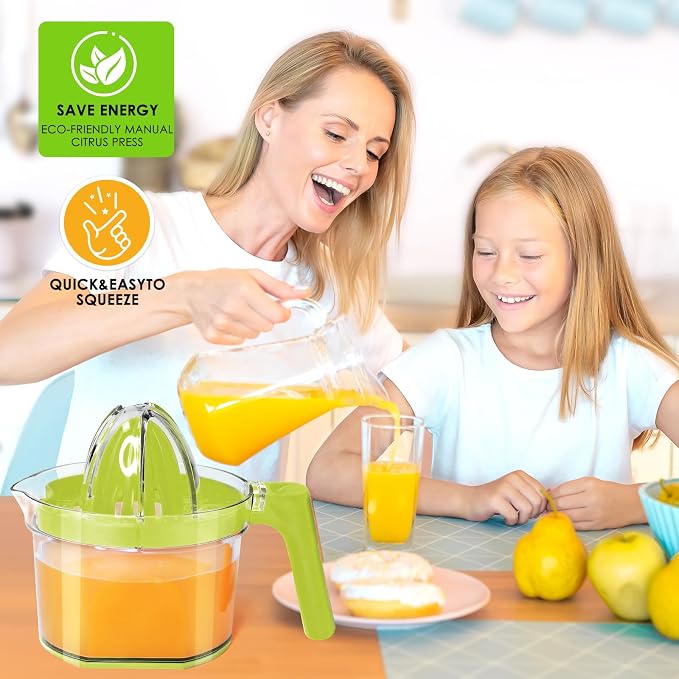 Manual Lemon Squeezer - Multifunctional Citrus Hand Juicer, Green | Lemon Lime Squeezer, 16.9oz Capacity Orange Juicer, Detachable Comfortable Grip Handle, Built-in Measuring Cup and Grater