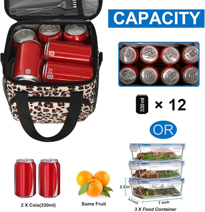 Lunch Bags for Women/Men, Insulated Lunch Bag for Work Office Picnic - Lunch Cooler Bag Leakproof Lunch Box with Adjustable Shoulder Strap - Leopard Print