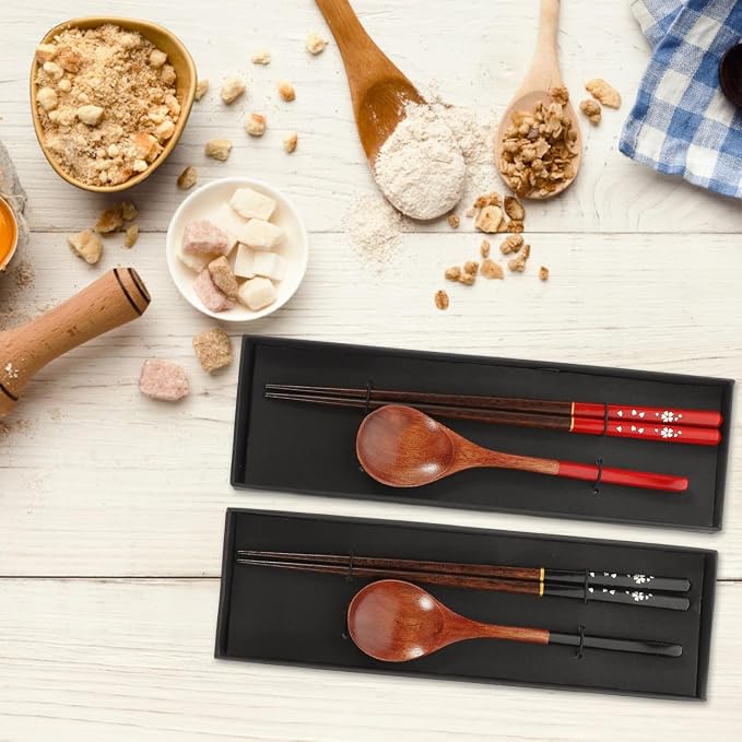 Japanese Spoon and Chopsticks Set 3 Pairs Reusable Travel Utensils Wooden Dining Tableware for Picnic School Office Home 9.84 in