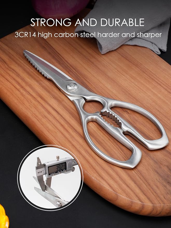 Kitchen Scissors, Forged Stainless Steel Shears for Meat and Vegetables | 3Cr14 one-piece blades with bottle opener, nutcracker and fish scaler; dishwasher safe