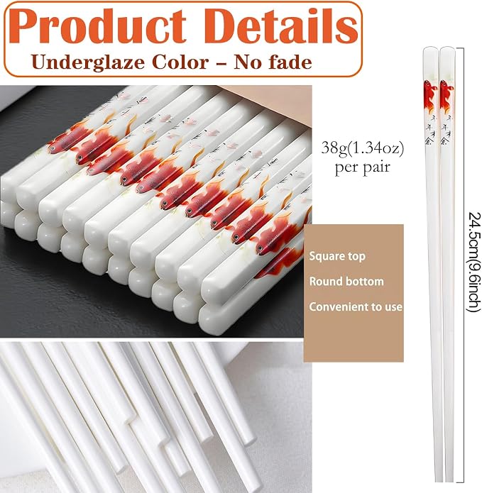 Ceramic Chopsticks Reusable,5 Pairs Porcelain Chop sticks,Red Fish,9.7'' | Easy to Clean,Dishwasher Safe,Heat Resistant,with a Gift case,Cooking Chopsticks,High-grade Bone China Porcelain