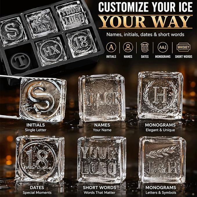 Personalized Ice Cube Mold, Custom Text Silicone Ice Tray 2” Cubes, Add Names Initials Dates or Short Words, Reusable Square Whiskey Ice Mold for Bourbon Cocktails Gifts for Men Dad Husband