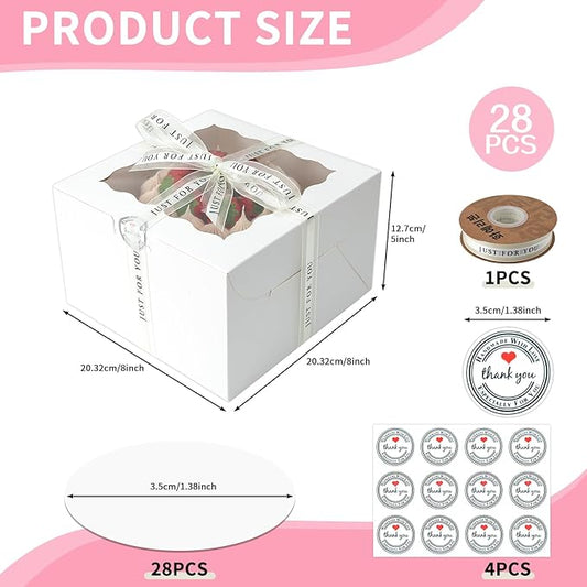 8x8x5 Cake Box, 28 Sets Cake Box with Window ＆ 28 Sets 8" White Cake Round Boards, 8inch Cake Containers(White, 885inch/28pcs)