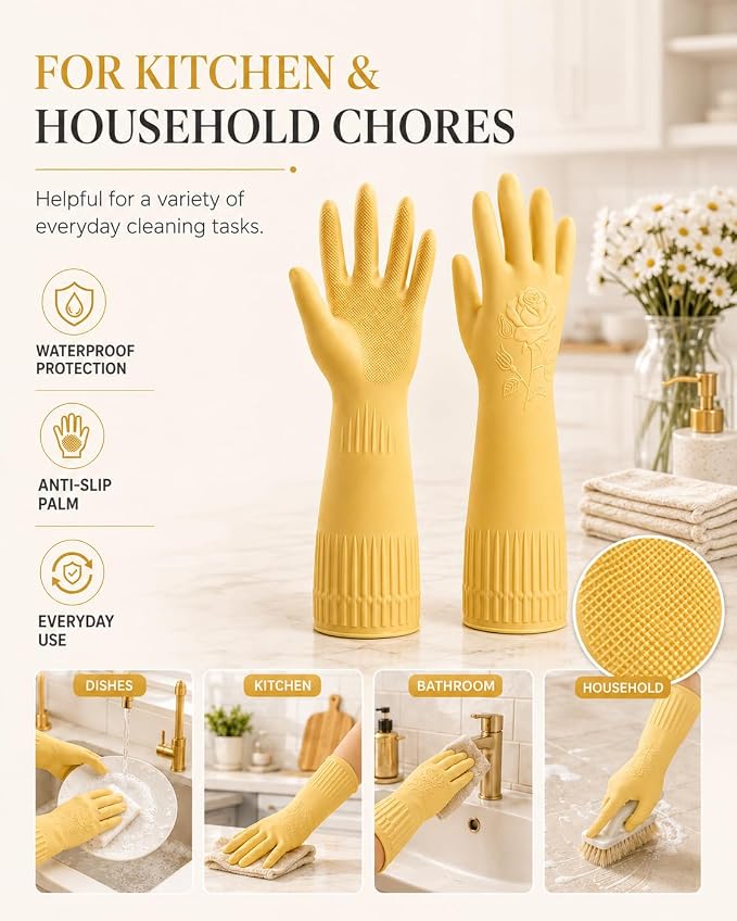 Disfore Rubber-Gloves Dishwashing Gloves for Cleaning-Kitchen - 2 Pairs Long Household Cleaning Gloves for Washing Dishes