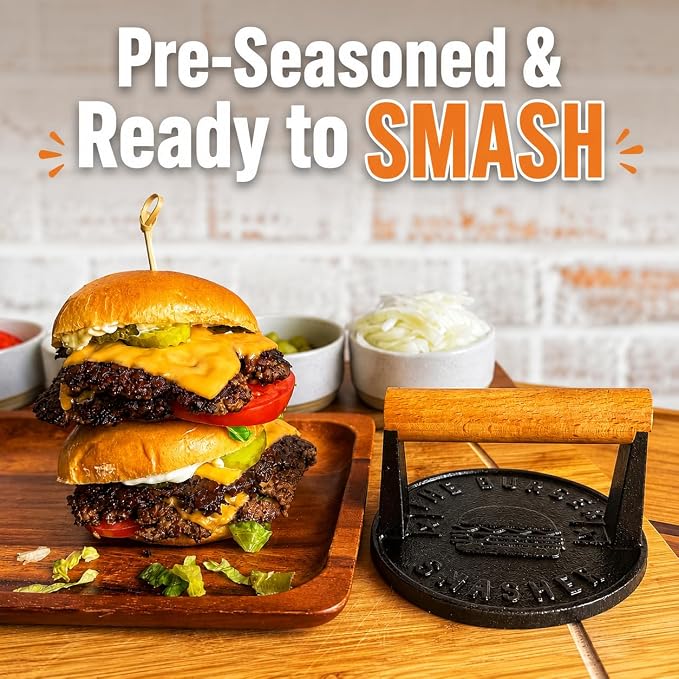 The Burger Smasher™ Pre-Seasoned Heavy Duty Cast Iron Smash Burger Press Kit - Heat Resistant Burger Smasher for Griddle, Food, Chef, Meat & Cooking Press, Hamburger Smasher - 30 Patty Paper