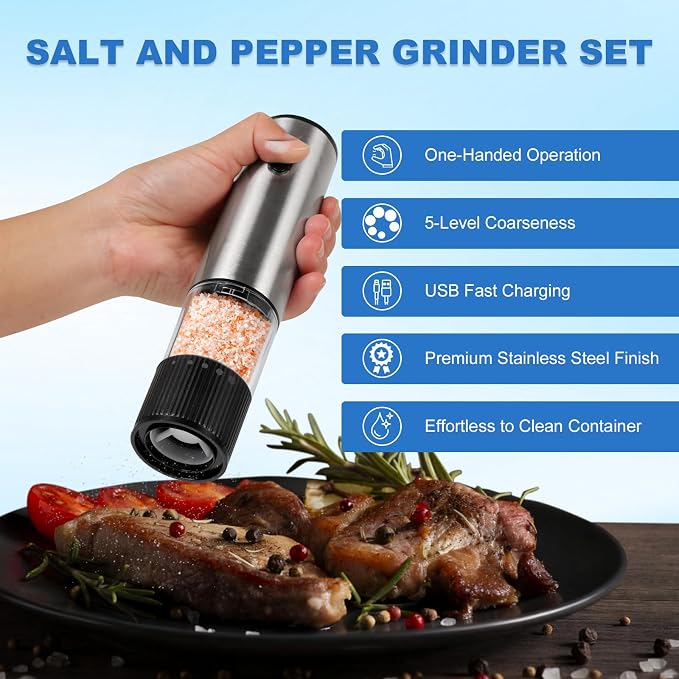 2 Pack Electric Salt and Pepper Grinder Set, Salt and Pepper Shakers with LED Light, USB C Dual Charging Base, Adjustable Coarseness, One-Hand Operation, Large Capacity for Kitchen, Dining & BBQ