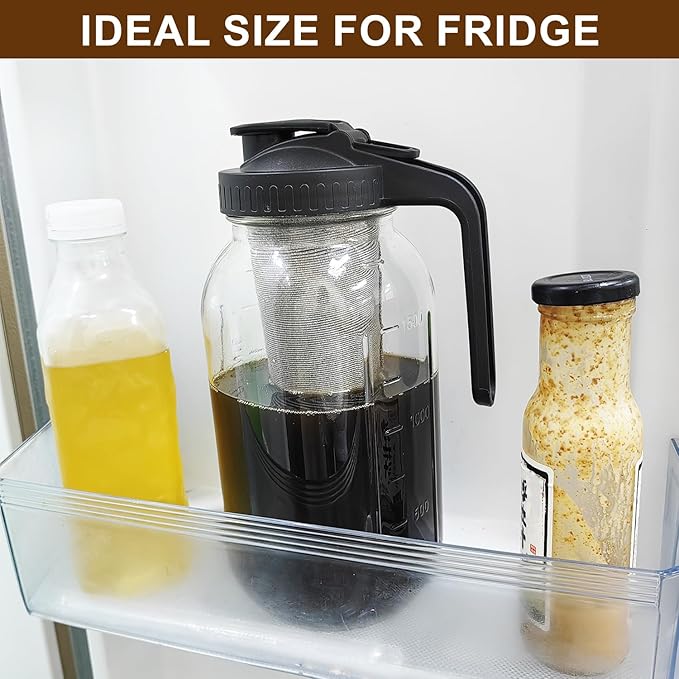 Cold Brew Coffee Maker, 64oz Iced Coffee Tea Pitcher with Stainless Steel Filter & Coffee Mat, 1/2 Gallon Heavy Duty Glass Mason Jar Cold Brew Maker with Pour Spout Handle Lid, 2 Brushes, Leak-Proof