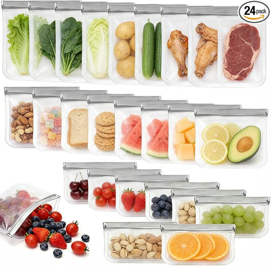 24 Pack Silicone Bags for Food Storage,Reusable Silicone Food Storage Bags,Freezer, Microwave & Dishwasher Safe,Reusable Freezer Food Bags, Leakproof-8 Gallon 8 Snack 8 Sandwich Bags,Grey