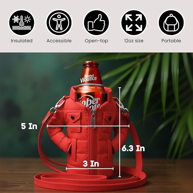 Gadgetime USA - 12oz Insulated Can Cooler Jacket (Red) - Beverage Holder with Detachable Strap - Beer/Soda Carrier - Can Holder with Shoulder Strap - Insulated Sleeve - Funny Gift for Friends & Family