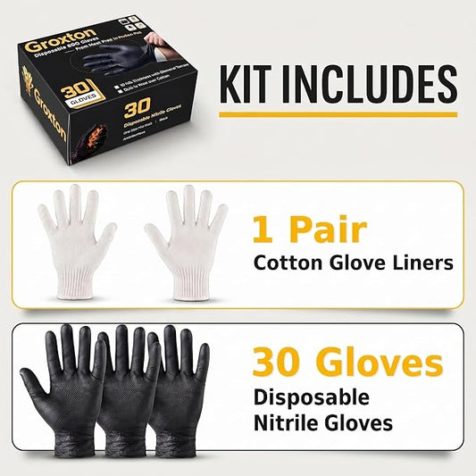 Disposable BBQ Gloves, Black, 10 MIL Thickness, Diamond Texture, Wear Over Cotton, 30 Count, 2 Cotton Glove Liners Included (1)