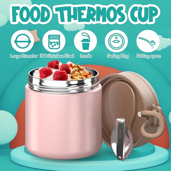 Thermo for Hot Food Kids - 15.2oz with Folding Spoon and Silicone handle | Leak Proof Insulated Food Jar, Soup Thermo, Wide Mouth Insulated Lunch Containers, Dishwasher Safety