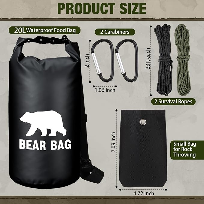Foilswirl 1 Set Bear Food Bag for Camping Ultralight Food Hanging System Includes Waterproof Bear Bag, Nylon Ropes, Hooks for Camping Backpacking