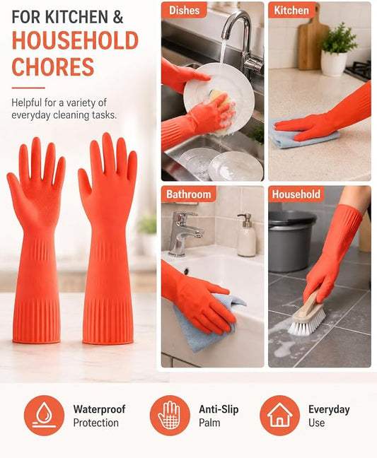 Disfore Rubber-Gloves Dishwashing Gloves for Cleaning-Kitchen - 2 Pairs Long Household Cleaning Gloves for Washing Dishes