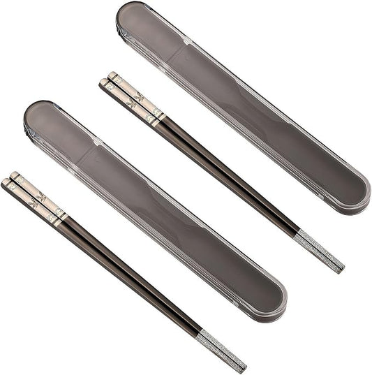 Portable Chopsticks, 2PC Black Eagle,18/8 Stainless Steel | Pull Design Case, Titanium Plated, Reusable, Dishwasher Safe