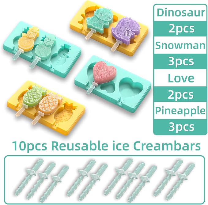 Kids Cartoon Popsicle Molds - 4 Pack, 10-Cavity Food-Grade Silicone Ice Pop Cream Molds, with Reusable Sticks, Non-Stick Flat Design, Easy Release, Stackable for Space Saving