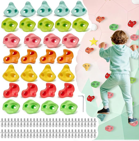 30 PCS Rock Climbing Holds for Kids, Climbing Rock Wall Grips, Adult Rock Wall Climbing Kit Large Climbing Holds for Play Set with Hardware for Indoor and Outdoor Climbing Wall Holds（Pastel Color）