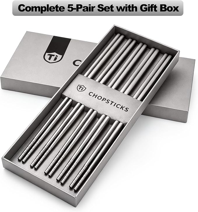 Nicunom 5 Pairs Pure Titanium Chopsticks, Ultralight Titanium Metal Chopsticks Dishwasher Safe Non-Slip Reusable Chopstick for Home Camping Travel, Silver Chop Sticks Gift Set