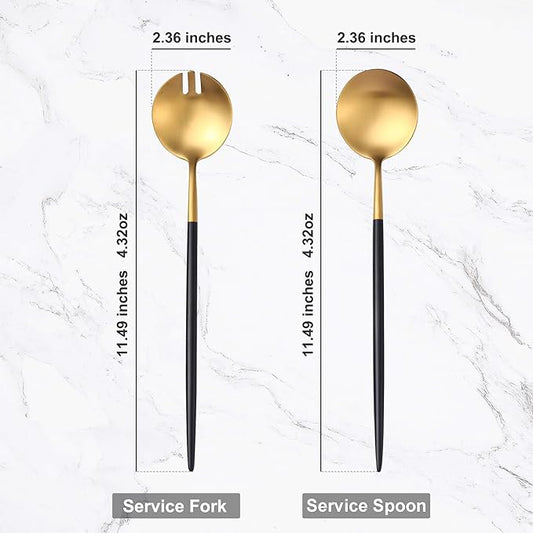 Lemeya Black Gold Salad Serving Utensils, Stainless Steel Spoons, 2Pcs Long Handle Servers 11.42 Inch, Matte Finish, Dishwasher Safe