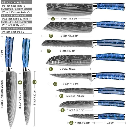 10-Piece Premium Japanese Kitchen Knife Set - Imperial Collection, Laser Damascus Pattern, 440A Stainless Steel Ultra Sharp for Fast Cutting (Blue)