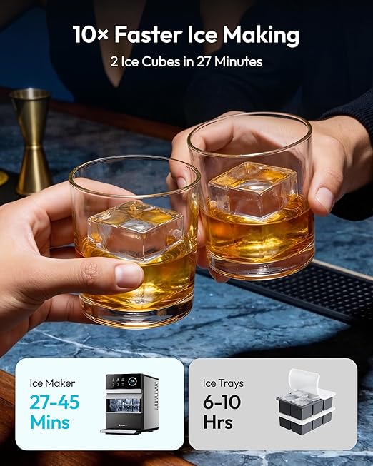 EUHOMY 2.2'' Clear Ice Cube Maker Countertop with APP, 2 Square Ice Ready in 27 Mins for Whiskey, Slow-Melting & Self-Cleaning, 110 Pcs/Day, 24H Timer, Clear Ice Maker with Ice Tong for Home/Bar