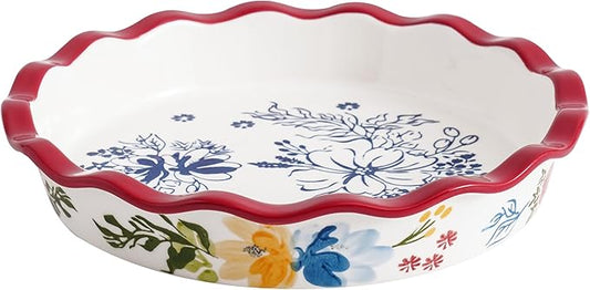 Pie Pan Ceramic Pie Plate, 9 inch Deep Dish Pie Pans, Nonstick Pie Pans for Baking, Red Floral Pie Dish For Kitchen