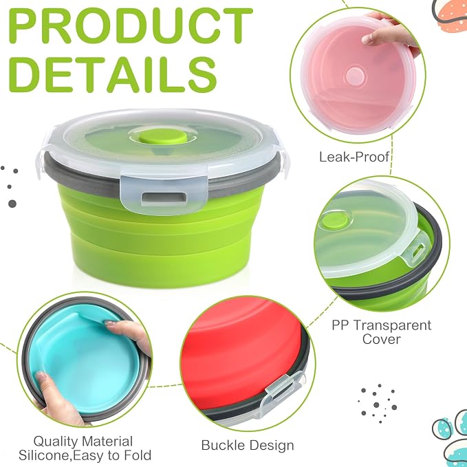 4 Pcs Collapsible Bowls with Lids Silicone Camping Food Storage Container Expandable Folding Salad Lunch Box Travel Container for Hiking Camping