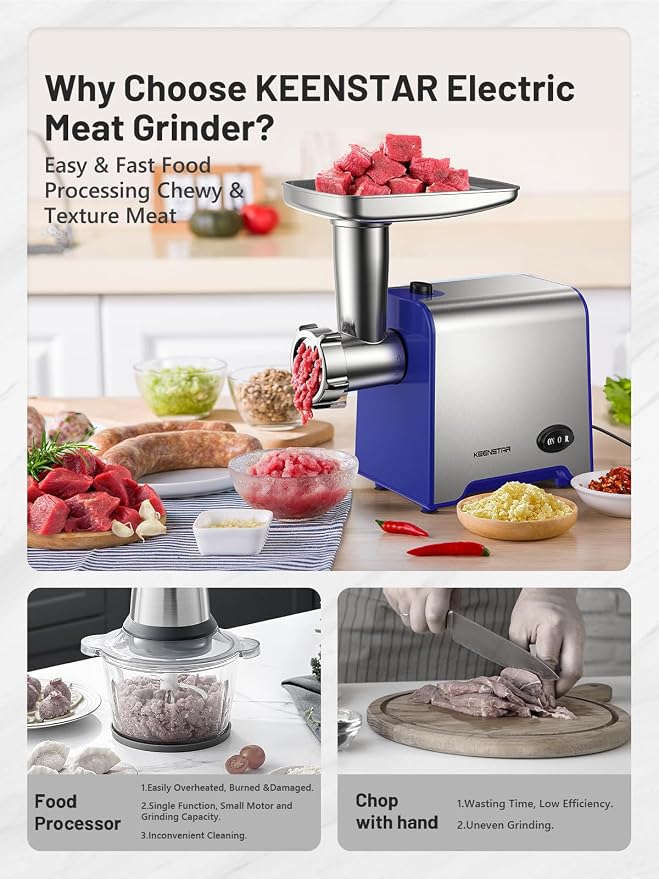KEENSTAR Electric Meat Grinder, Sausage Stuffer Maker 450W Food Grinder with Blade & 3 Plates, Sausage Stuffer Tubes & Kubbe Kit, Stainless Steel Meat Mincer Machine for Home Kitchen Use (Blue)