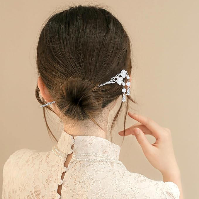 inSowni 8 Pieces Decorative Retro Crystal Pearl Silver Hair Sticks Pins with Pendants Asian Chinese Hanfu Cloud Star Lotus Flower Hair Forks Chopsticks Bun Updo Holders Long Hairpins for Women Girls