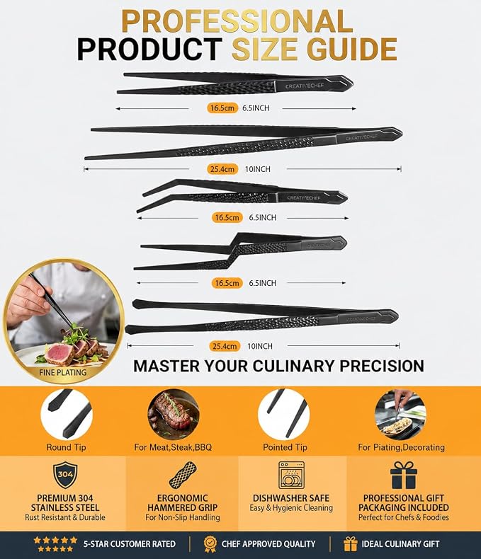Cooking Tweezers, Chef's Tweezers Tongs, Universal for all kinds of cooking, steak, plating, pasta and many other scenarios (5pc Set)