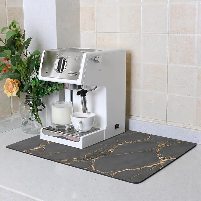 ZLR Coffee Bar Mat for Coffee Station, 16"x20" Large, Marble Gray | Absorbent Dish Drying Mat, Stain-Hiding Top, Non-Slip Back, Fits Espresso, Grinder, Knock Box, Frother & Cup Display