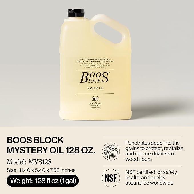 John Boos All-Natural Mystery Oil, Large Revitalizing Wood Conditioner, 128 oz - Food-Grade Mineral Oil for Butcher Blocks, Cutting Boards, Countertops and Wooden Culinary Utensils | Food-grade formula for butcher blocks, cutting boards, countertops an...