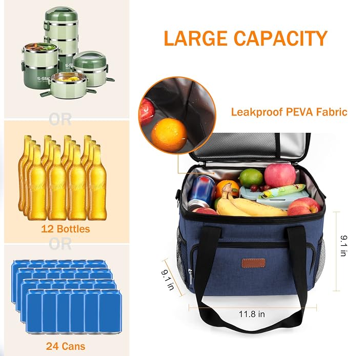 Lunch Bags for Women/Men, Insulated Lunch Bag for Work Office Picnic - Large Lunch Cooler Bag Leakproof Lunch Box with Adjustable Shoulder Strap for Adults - Blue(15L)