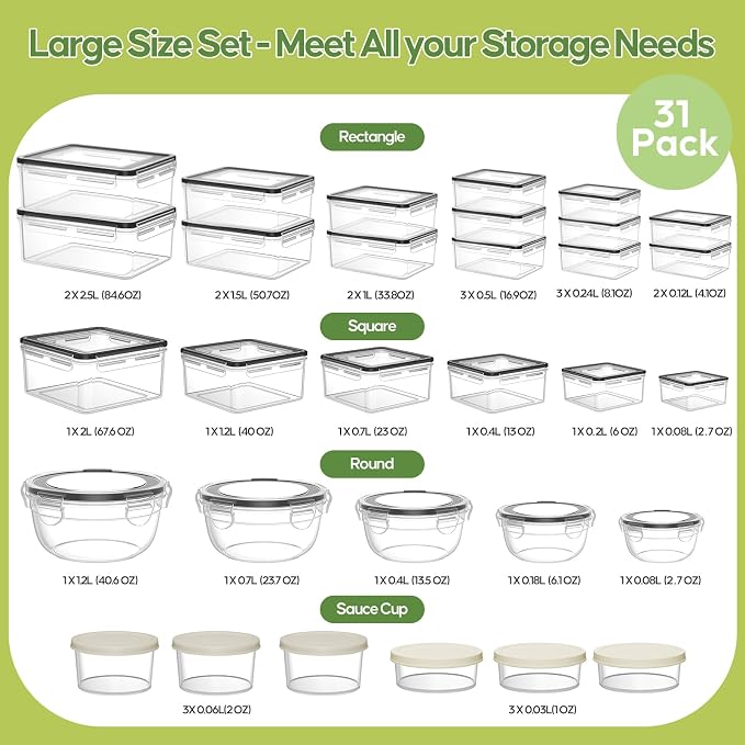JSCARES 62 PCS Large Food Storage Containers with Lids Airtight (31 Lids & 31 Containers)- Reusable Plastic Leakproof Meal-Prep Container for Kitchen Storage Organization Microwave/Dishwasher Safe