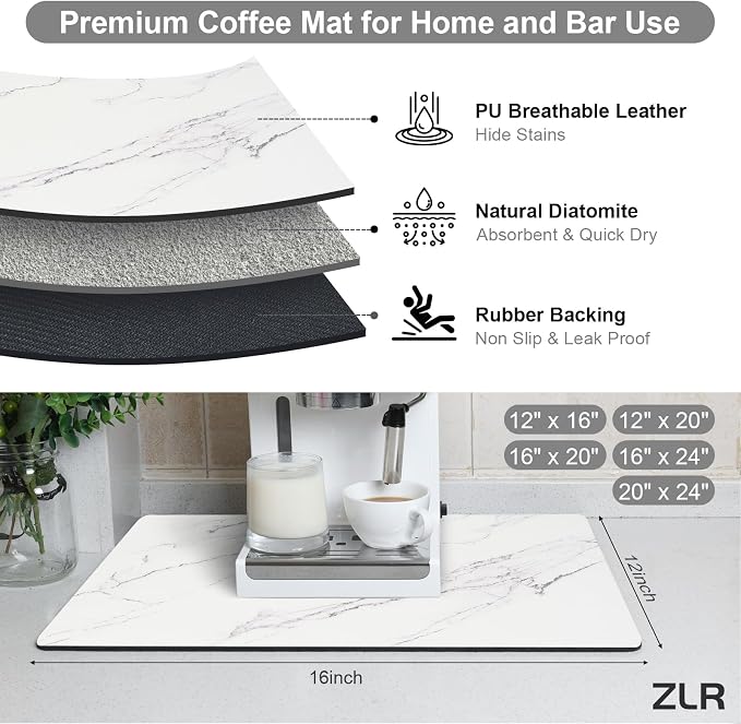 ZLR Coffee Bar Mat for Keurig & Nespresso, 12"x16" Small, Marble White | Absorbent Dish Drying Mat, Stain-Hiding PU Leather Top, Non-Slip Rubber Back, Heat-Resistant, Fits Frother & Pour-Over