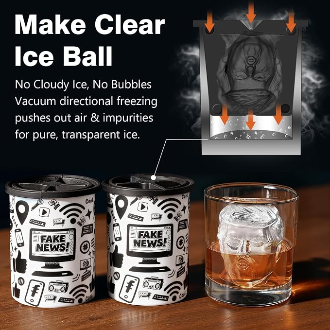 Clear Ice Cube Maker, 2" Stainless Steel Clear Ice Maker for Old Fashioned Whiskey lover, Bourbon, Whiskey, Cocktail Gifts for Men on Birthday or Holiday, Easy-Release Ice Ball Maker Mold-FAKE NEWS
