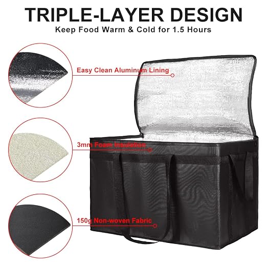 Insulated Food Delivery Bag, XXXL Grocery Cooler Bags, Black, 3-Pack | Insulated Reusable Tote Bag for Shopping/Travel, Catering for Hot/Cold Food Carrier, 23"x14"x15" Commercial Food/Pizza Warmer