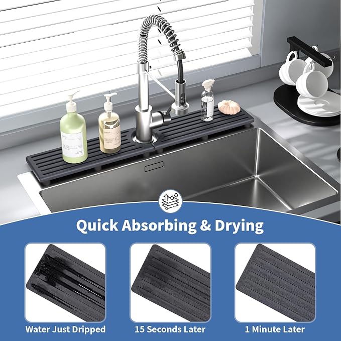 Faucet Mat for Kitchen Sink, Water Absorbent Kitchen Faucet Mat, Durable Sink Splash Guard with Raised Feet, Diatomite Fast Drying Kitchen Sink Faucet Mat, Bathroom Stone Drying Tray for Counter